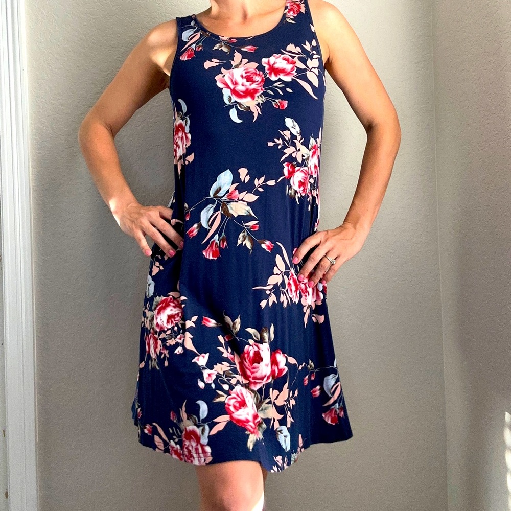 Dark Blue With Pink Floral Dress With Pockets.